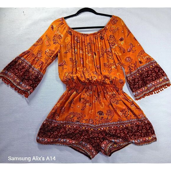 Mudd Womens Long Sleeve Tunic Romper Sz Medium Junior Floral Cottage Boho Orang - Picture 1 of 14